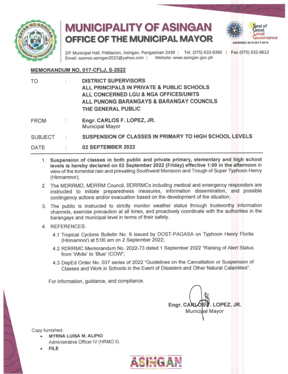 Memorandum No. OVPAA 2020-38 & 39 on Suspension of Classes in All